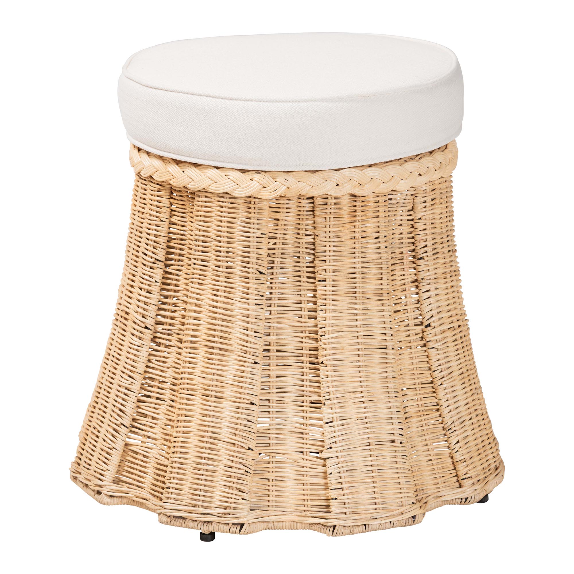 bali & pari Ying Round Natural Rattan Ottoman with Cushion - Handwoven Wicker Pleated Skirt Accent Coffee Table or Extra Seating for Living Room or Sunroom, Small Affordable modern furniture in Chicago, classic living room furniture, modern ottoman, cheap ottoman